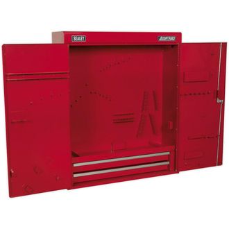 Loops 750 x 225 x 890 Wall Mounted 2 Drawer Tool Cabinet - RED - Lockable Storage Unit