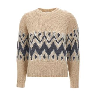 Eleventy Round-neck Knitwear, female, Beige, Size: M Geometric Beige Sequin Sweater