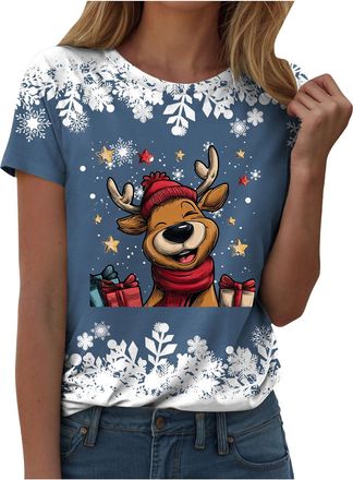 Generic Womens Christmas Short Sleeve T-Shirt Festive Holiday Top with Sparkling Sequins Snowman and Reindeer Print Crew Neck Soft Cotton Casual Tee for Xmas 