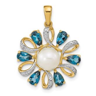 Diamond2Deal 14k Yellow Gold Freshwater Cultured Pearl & Blue Topaz Diamond Pendant