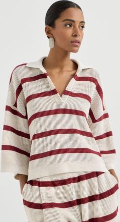 Brunello Cucinelli Cotton striped net knit polo shirt in Bordeaux at Nordstrom, Size 3X-Large Eu