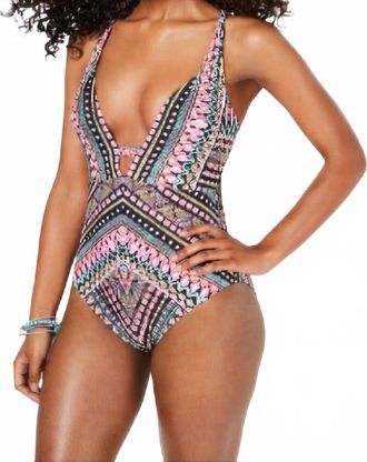 Bar III Printed Plunging One Piece Tummy Control Swimsuit In Multicolor