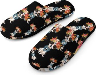 Generic Day of The Dead Dog Chihuahua Flannel Mens Slip-on Slippers Winter Warm House Shoes with Rubber Sole for Home Hotel