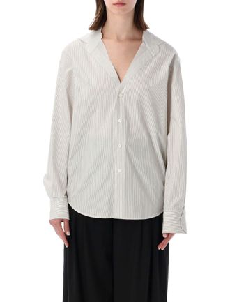 Maison Margiela Collarless Striped Cotton Asymmetrical Long Shirt