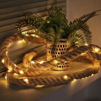 No Brand Guirnalda De Luces De 10 M - 200 Led - Funciona Con Pilas - Cuerda De C&aacute;&ntilde;amo - Impermeable - Ideal Para Decorar Jardines, Patios, Balcones, Columpios 