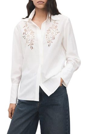 Mango Embroidered Lace Inset Button-Up Shirt in Off White at Nordstrom, Size 4