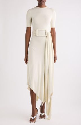 Alaia Belted Bias Cut Fluid Jersey Asymmetric Dress in Blanc Creme at Nordstrom, Size 36