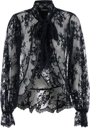 Retrofête tamsin Black Blouse With Maxi Bow On The Front And All-over Lace Embroidery In Tech Fabric Woman