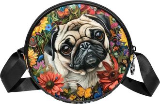 Generic Circle Crossbody Bag for Women, Flower Pug Dog Small Sling Bag Daypack with Zipper Adjustable Shoulder Straps Casual Ladies Girls Round Purse