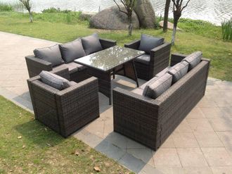 Fimous 8 Seater Rattan Sofa Set Dining Table Armchairs Garden Furniture Outdoor With Clear Tempered Glass in Dark Grey