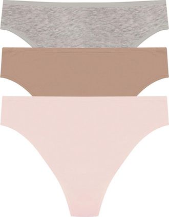 Natori Bliss Bare Cotton Thong 3-Pack in Lt Grey Heathr/buff/peach Whip at Nordstrom, Size Xx-Large