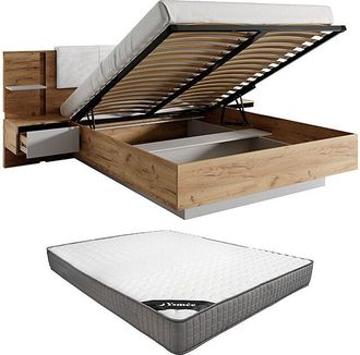 Vente-Unique Canap&eacute; abatible con mesitas de noche 160 x 200 cm - Con LEDs - Colores: Natural y blanco + Colch&oacute;n - ELYNIA