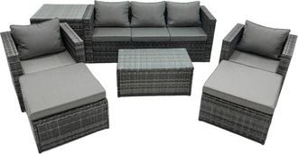 Fimous Fimous Rattan Garden Furniture Dining Set 7-seater Patio Coffee Table Sofa Set with Side Table 2 Armchair 2 Big Footstools Dark Grey Mixed