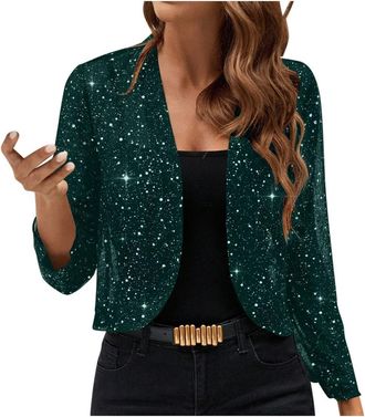 Generic Women Jackets Casual Long Sleeve Open Front Sparkly Sequin Party Gathering Cardigan Jacket Sparkly Crop Coat (Green, S)