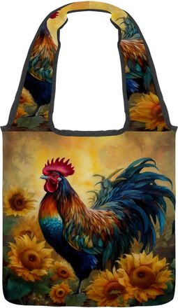 Generic Rooster Sunflower Reversible Canvas Shoulder Tote - Double-Sided Print, 12oz Cotton, 27cm Drop, Fold-Flat Bag for Travel, Shopping, Street Outings