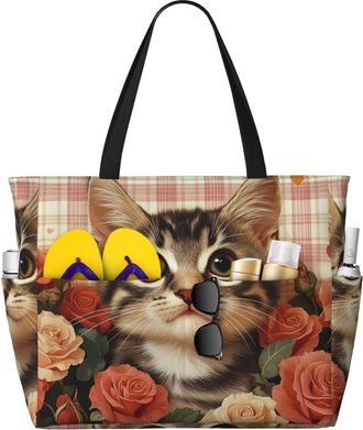Generic Flowers Cat Print Large Beach Bag Foldable Travel Shoulder Tote Bag With Pocket For Weekender Pool Vacation