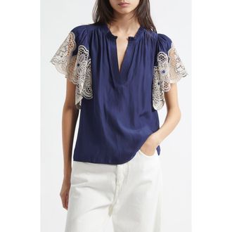 Ramy Brook Esti Embroidered Sleeve Top in Spring Navy at Nordstrom Rack, Size Large