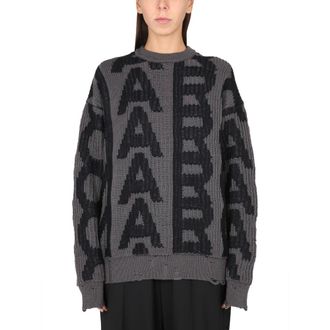 Marc Jacobs Round-neck Knitwear, female, Gray, Size: M Monogram Distressed Sweater