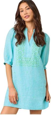 Lilly Pulitzer Mialeigh Elbow Sleeve Linen Womens Clothing Capri Blue X Resort White : 14