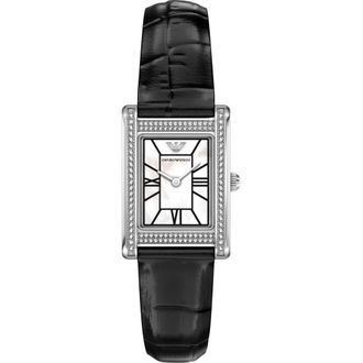 Emporio Armani Genni Mother-of-Pearl Leather Strap Tank Watch, 22mm x 32mm in Black at Nordstrom