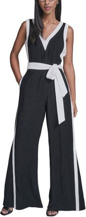 Karl Lagerfeld Aerowash Sleeveless Tie Waist Wide Leg Jumpsuit in Black Soft White at Nordstrom, Size 14