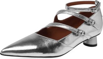 TinaCus Genuine Leather Womens Pointed Toe Handmade Buckle Straps Low Cone Heels Stylish Pumps Shoes, Silver, 5.5 UK