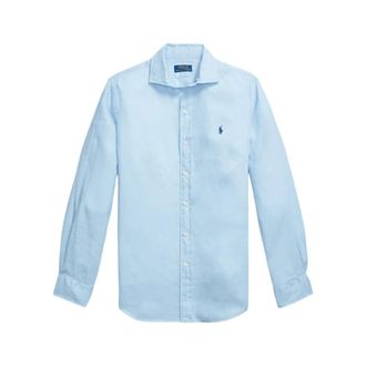 Polo Ralph Lauren Casual Shirts, male, Blue, Size: 2XL Blue Linen Button-Down Polo Shirt