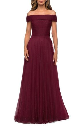 La Femme Tulle Off the Shoulder A-line Dress with Rhinestones in Burgundy at Nordstrom, Size 20