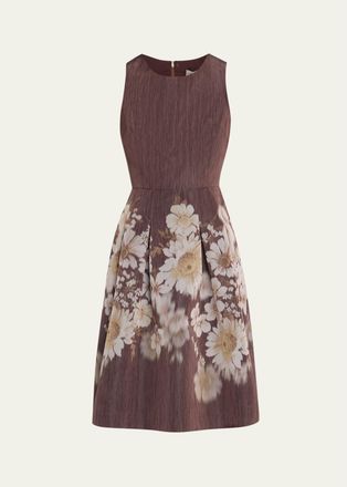 Teri Jon Pleated Floral-Print Mikado Dress