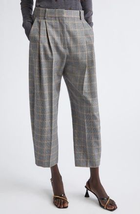 Stella McCartney Pleated Check Wool Ankle Pants in Grey Melange at Nordstrom, Size 34