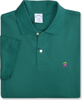 Brooks Brothers Mens Cotton Pique Stretch Logo Short Sleeve Polo Shirt, 207717 Green/Plum/Gold, Large