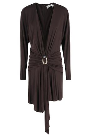 CHRISTOPHER ESBER Brown Stone Pin Scarf Draped Viscose Mini Dress
