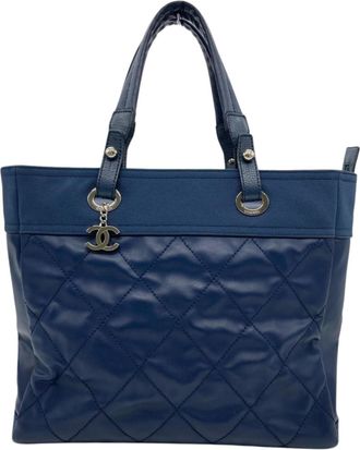 Chanel Blue Navy Coated Canvas Leather Tote Bag (Pre-Owned)