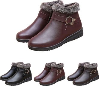 Generic Womens Winter Ankle Boots with Fur Lined Padded Warm Short Boots Ladies Low Heel Vegan Leather Side Zipper Boot Waterproof Non-Slip Ankle Booties