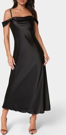 Bebe Drape Shoulder Satin Midi Dress in Black at Nordstrom Rack, Size X-Small