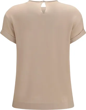 Brunello Cucinelli Womens Silk Blouse With Monili Chain Sabbia Elastane; T-Shirts And Polos