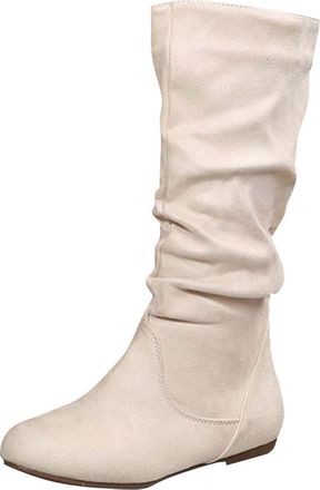 Generic Women Knee High Boots Suede Pleated Flats Boots Suede Slouchy Slip On Zip Up Flat Bottom Medium Boot Thigh High Wide Calf Long Boot Winter Shoes Cowgi