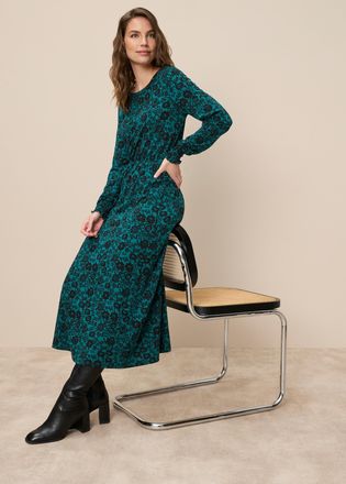 Tamaris Maxikleid TAMARIS, Damen, Gr. 34, N-Gr, gr&uuml;n (petrol schwarz gemustert), Jersey, Obermaterial: 95% Viskose, 5% Elasthan, gemustert, figurbetont lang, 