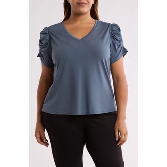 T Tahari Ruched V-Neck T-Shirt in Deep Slate Blue at Nordstrom Rack, Size 1X