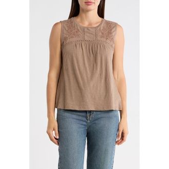 Lucky Brand Embroidered Yoke Cotton Tank in Pine Bark at Nordstrom Rack, Size X-Small