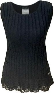 Chanel Black Ribbed Knit Sleeveless Lace-Trimmed Top Size S