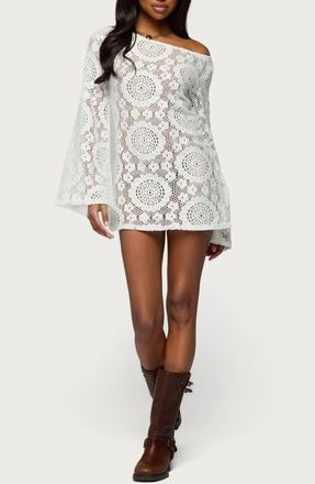 Edikted Sheer Lace One-Shoulder Long Sleeve Minidress in White at Nordstrom, Size X-Large