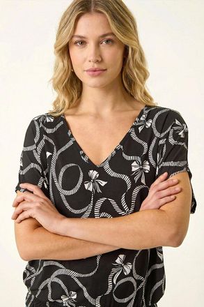 Roman Bow Print V-Neck Stretch Top