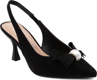 SUGAR Womens Slingback Kitten Heels - Pointed Toe Dress Shoes with Pearl or Bow Detail, Low Heels for Parties, Weddings, or Evening Wear, Black Bow, 6 UK
