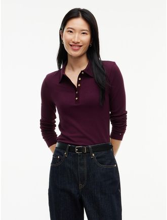 Tommy Hilfiger Womens Slim Fit Gold-Button Rib-Knit Polo - Deep Burgundy - XL