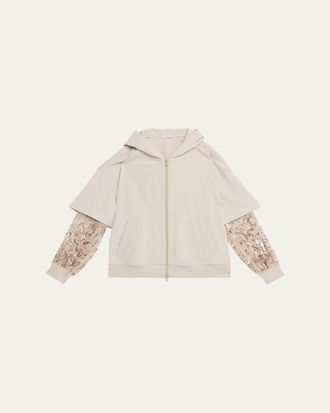 Brunello Cucinelli Hooded Zip Jacket with Sheer Sequined Raindrop Sleeves
