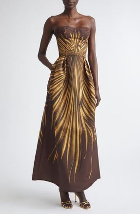 Oscar De La Renta Palm Print Strapless Faille Dress in Brown/Brown at Nordstrom, Size 6