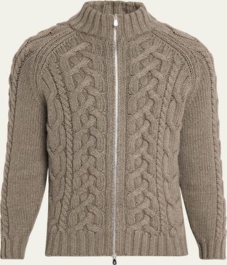Brunello Cucinelli Mens Lofted Cashmere Cable Knit Full-Zip Cardigan