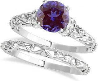 Allurez Lab Alexandrite & Diamond Antique Style Bridal Set 14k White Gold (0.87ct)