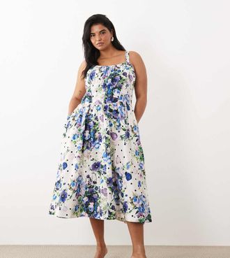 Hope & Ivy Vestito midi svasato a corsetto bianco e blu a pois con spalline sottili